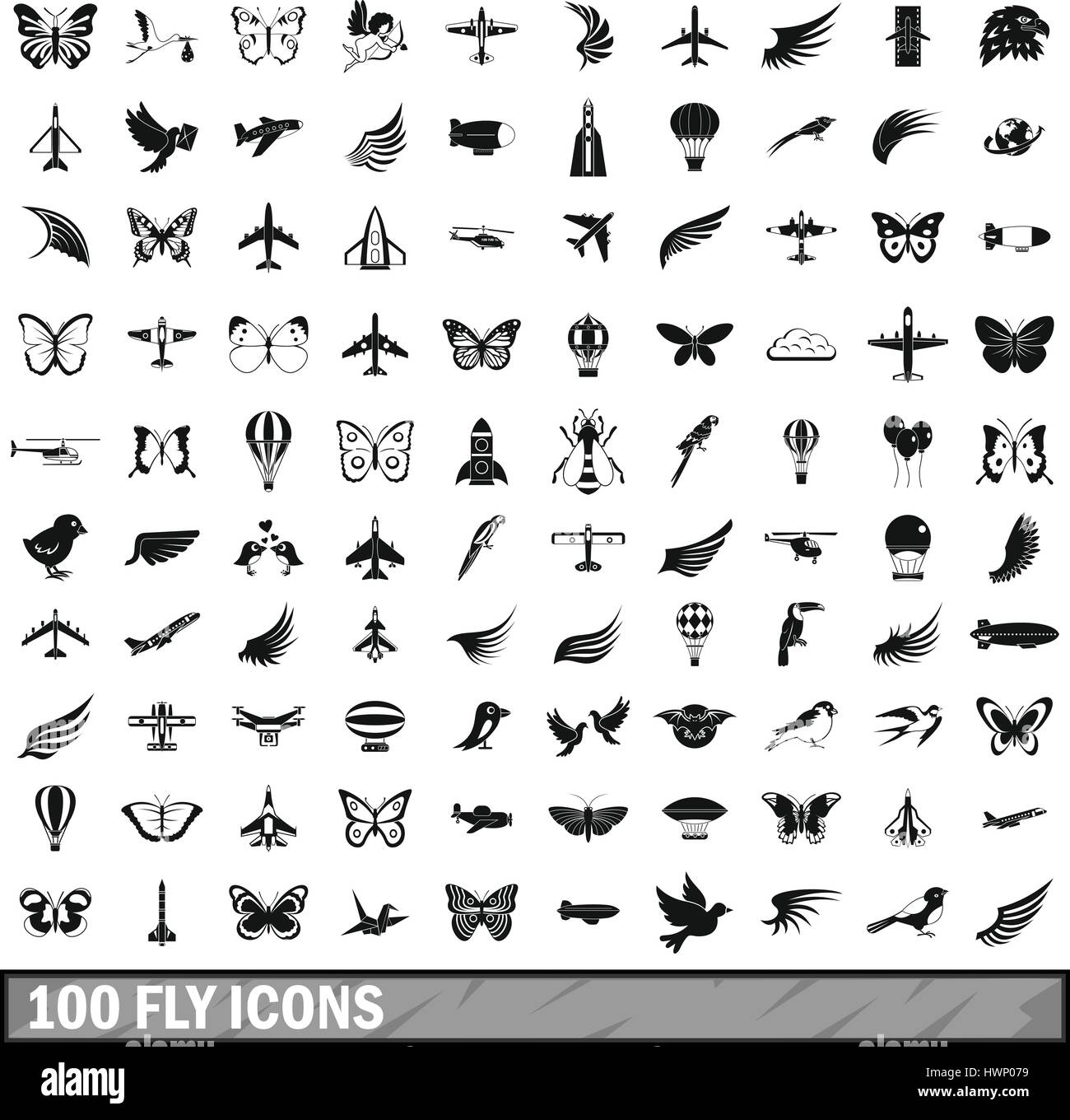 100 fliegen Icons Set, einfachen Stil Stock Vektor