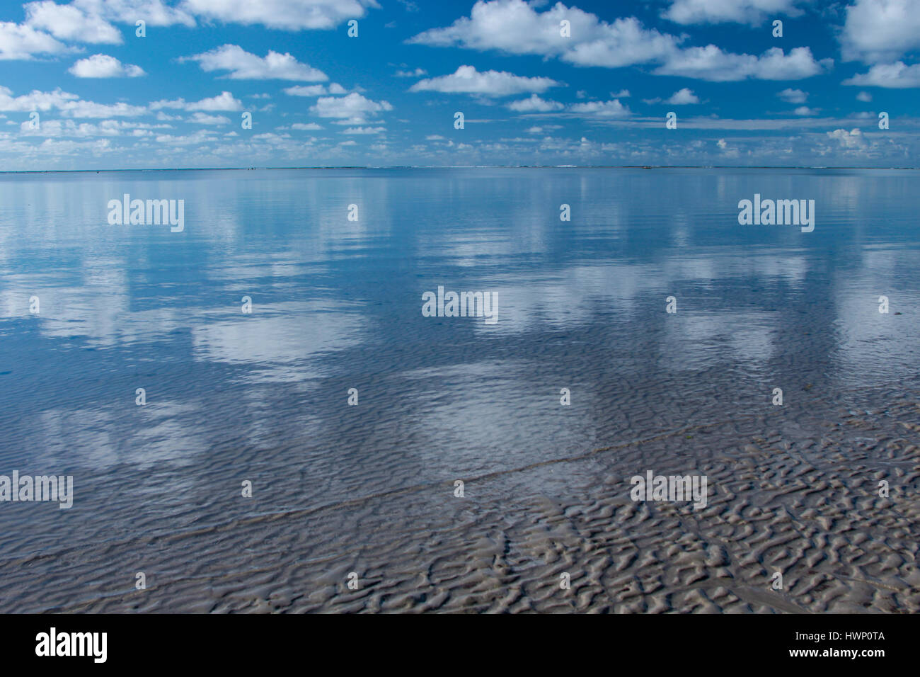 Strandurlaub: Patacho Strand, Alagoas, Brasilien, als einer der schönsten Strände in Brasilien - Sand, Himmel und Meer mit schöne Reflexion. Stockfoto