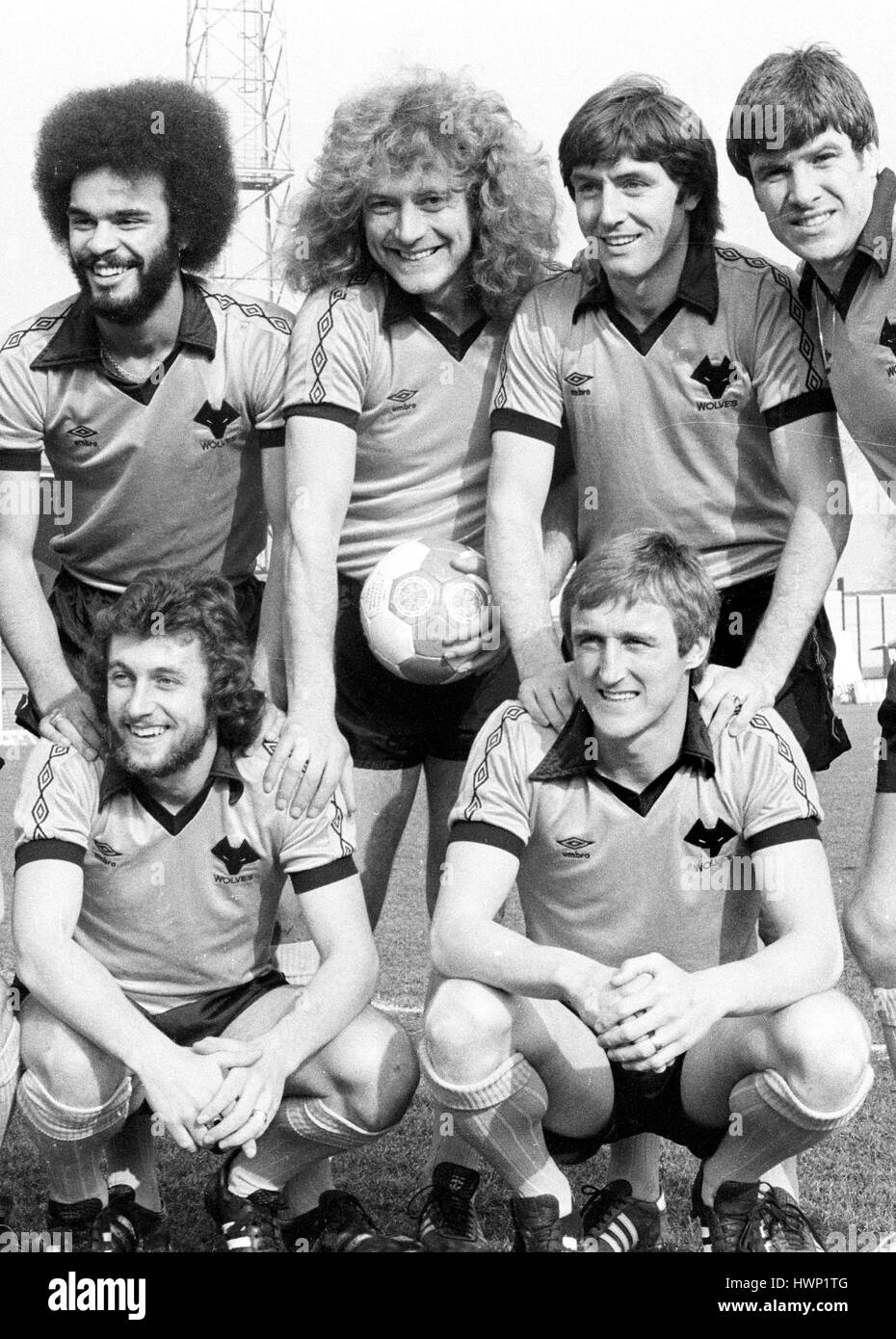 Wölfe League Cup Finale Spieler 1980 George Berry Robert Plant John Richards und Emlyn Hughes. Peter Daniel und Derek Parkin. Stockfoto