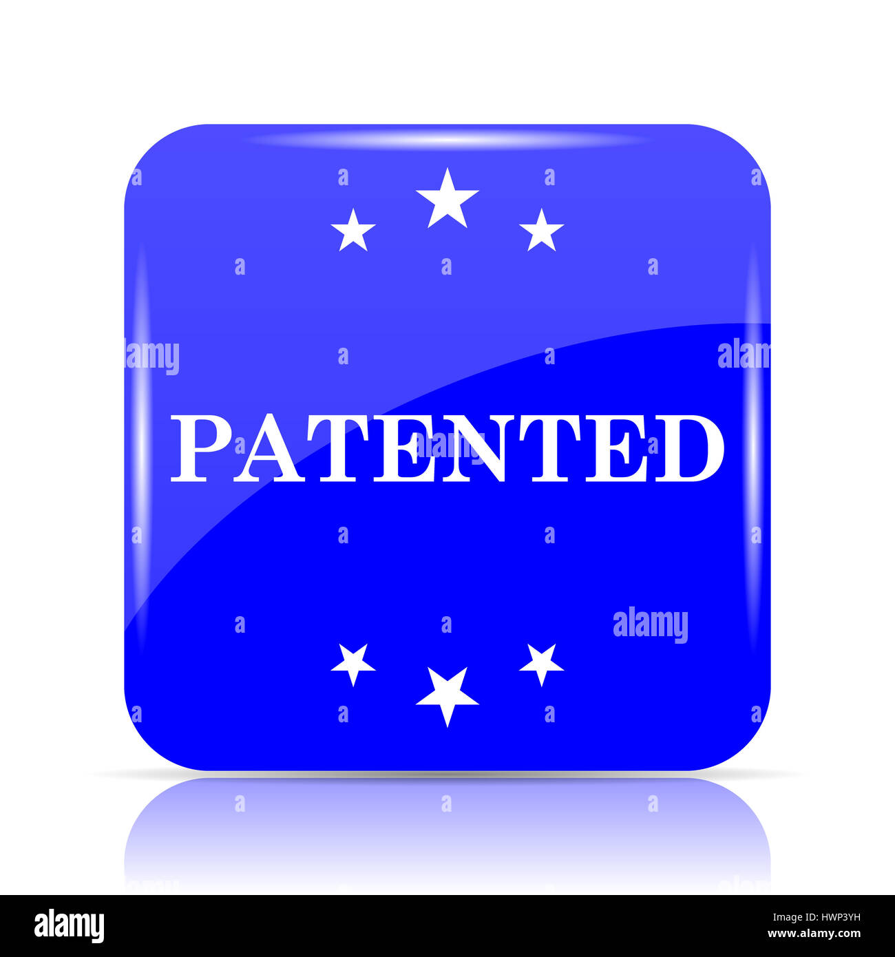 Patentierte, blaue Website Symbolschaltfläche auf weißem Hintergrund. Stockfoto