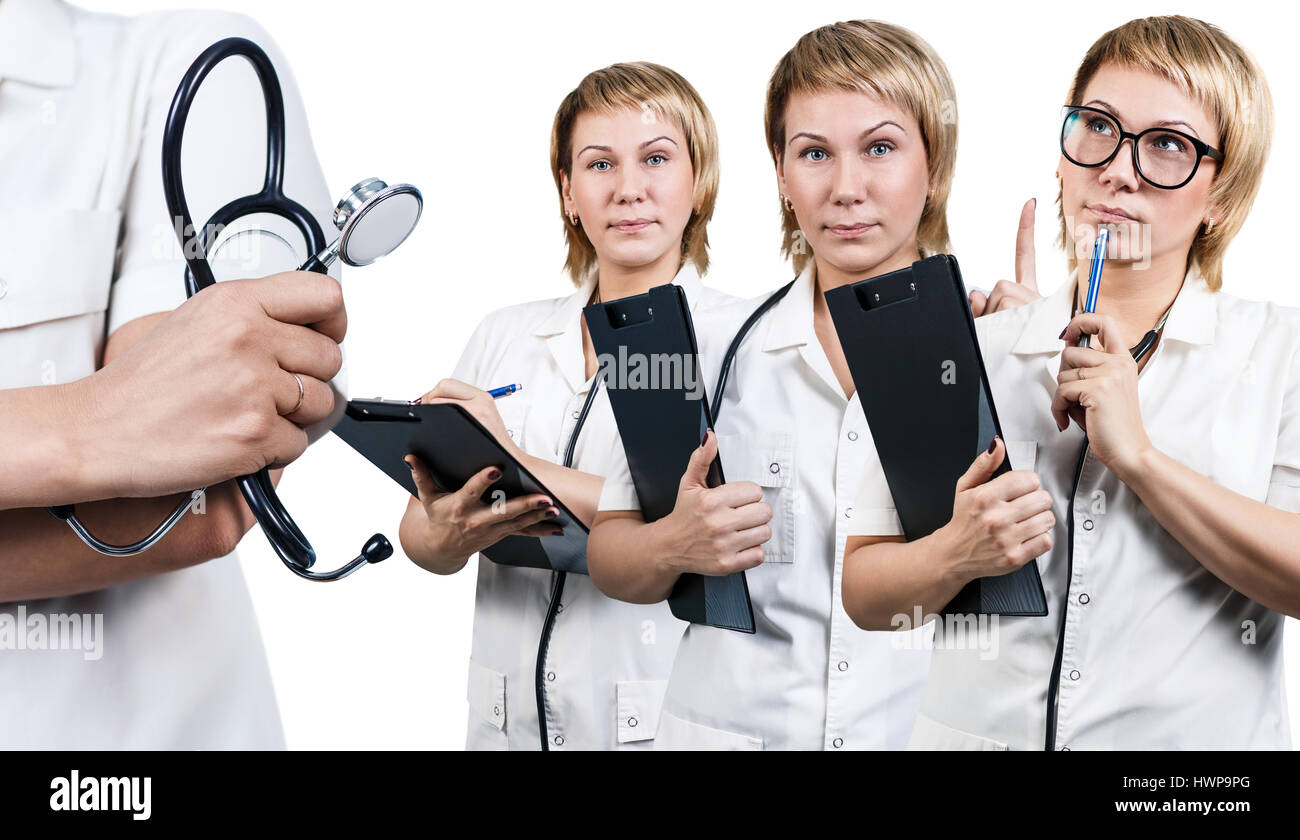 Collage der Ärztin mit unterschiedlicher Ausstattung auf weißem Hintergrund. Stockfoto