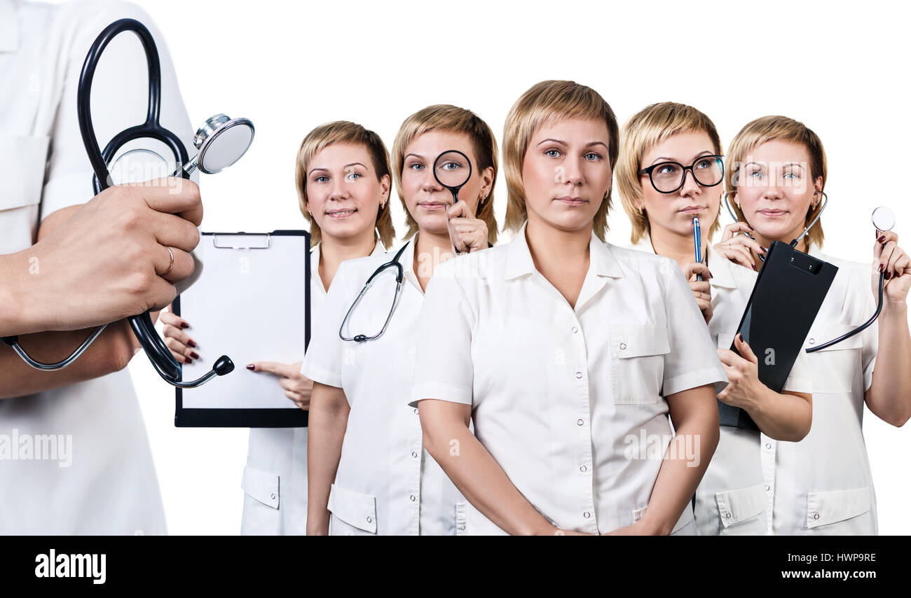 Collage der Ärztin mit unterschiedlicher Ausstattung auf weißem Hintergrund. Stockfoto