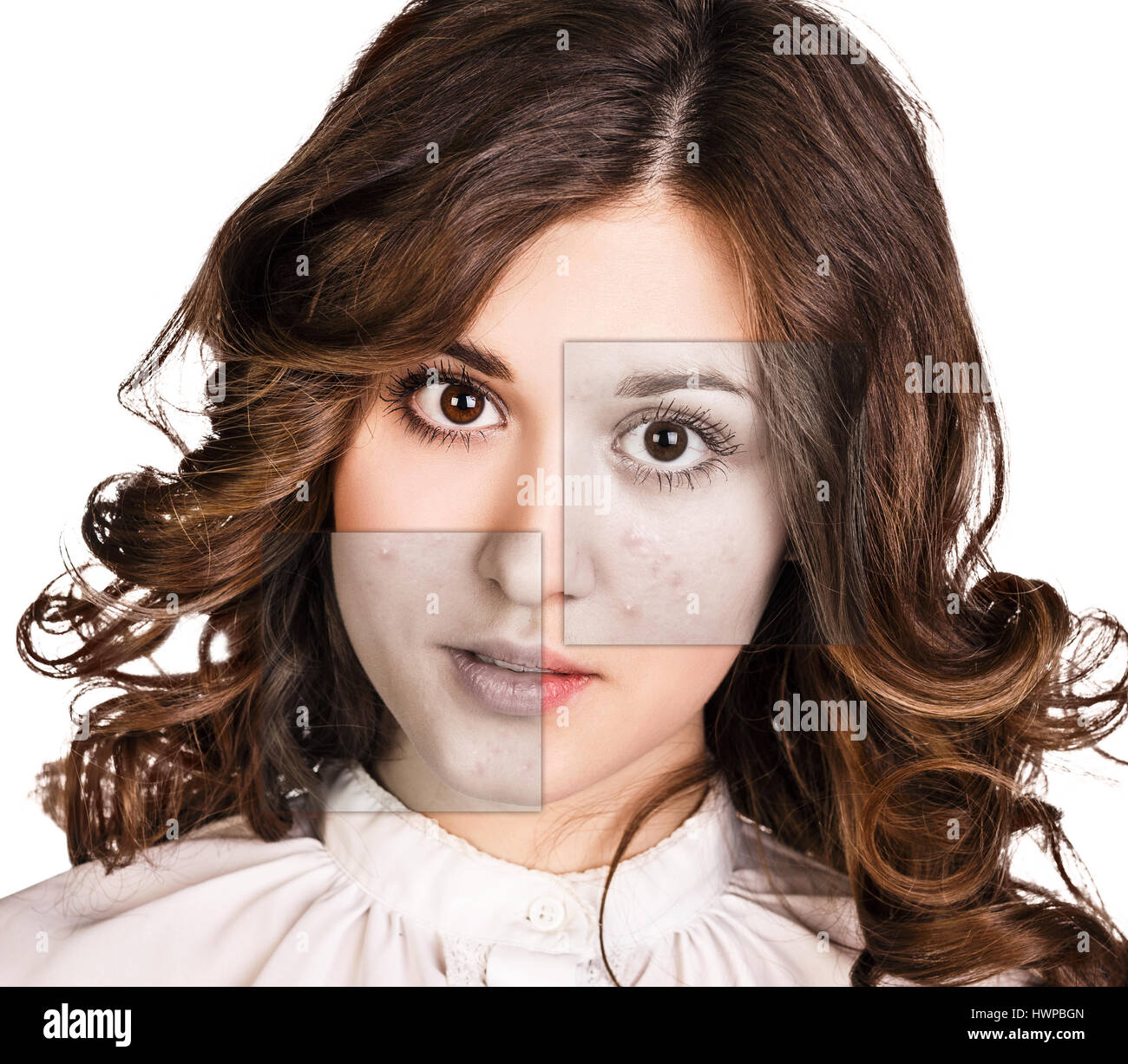 Collage-Teilen der Frau ins Gesicht vor und nach Behandlung und Make-up. Stockfoto