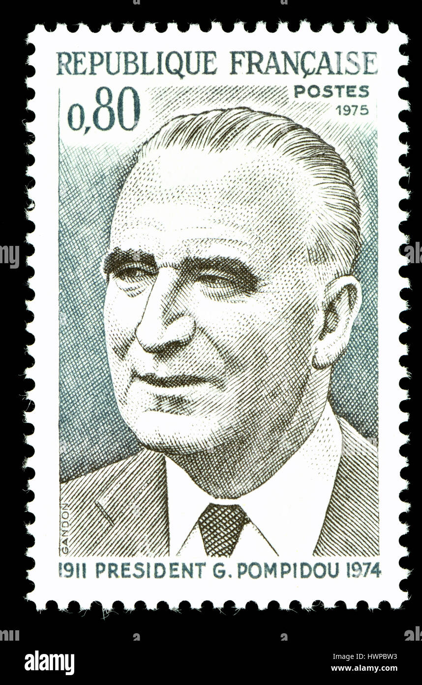 Französische Briefmarke (1975): Georges Jean Raymond Pompidou (1911 – 1974) Premierminister von Frankreich (1962-68) Präsident der französischen Republik von 1 Stockfoto