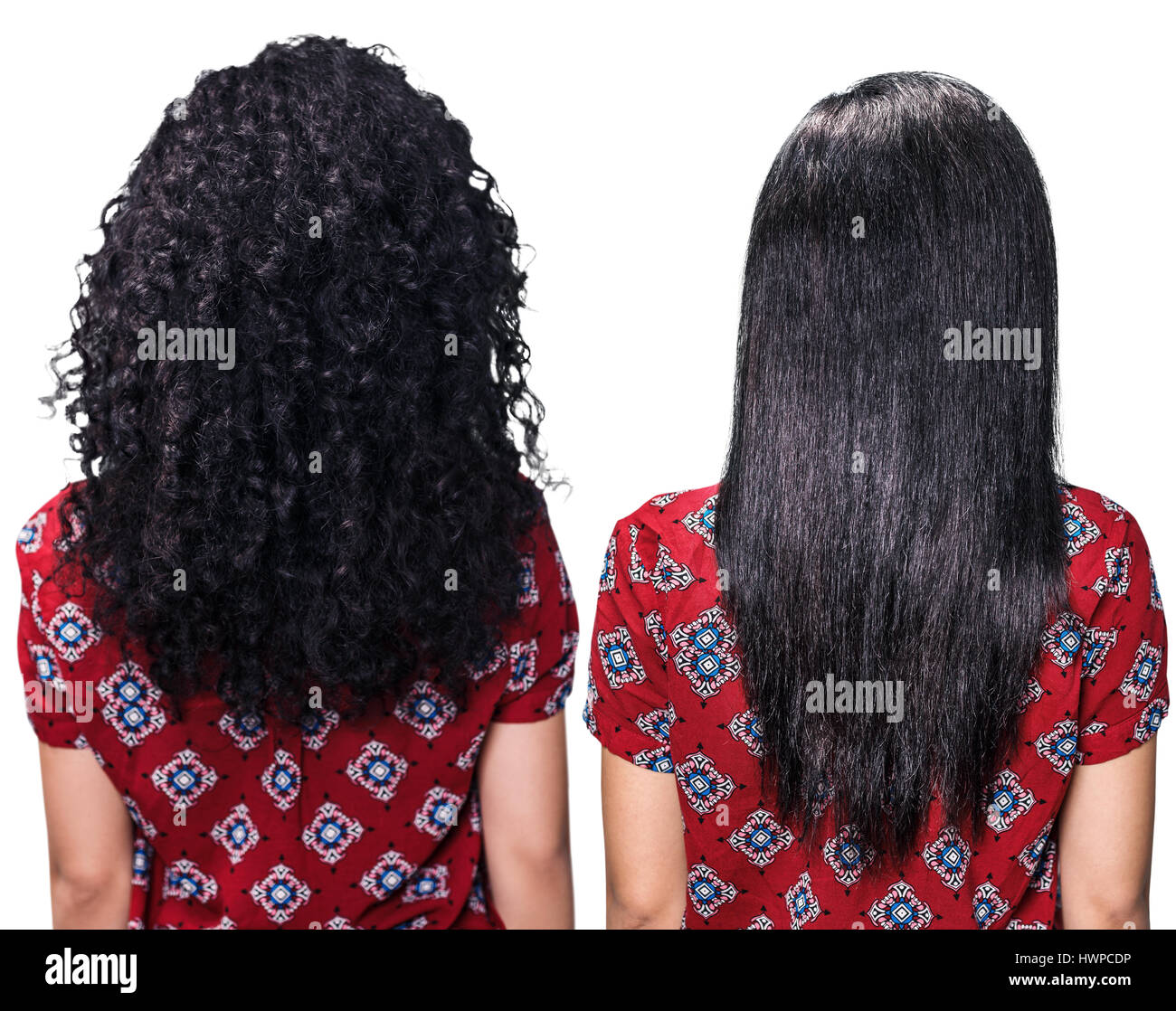 Haare vor und nach der Begradigung auf weißem Hintergrund Stockfoto