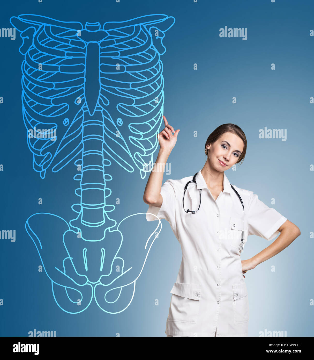 Arzt Frau zeigte auf der Zeichnung menschlichen Skeletts auf blauem Hintergrund. Stockfoto