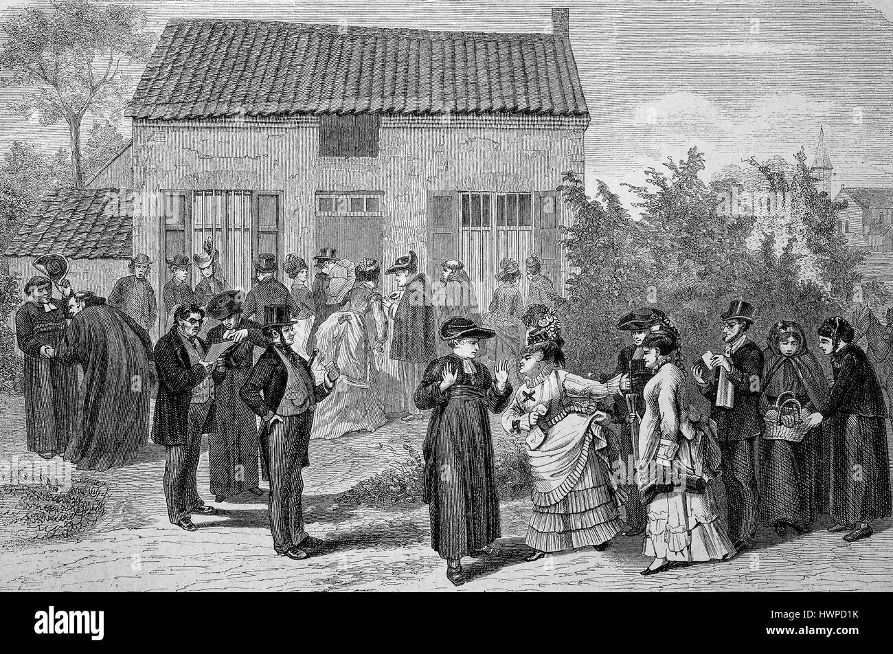 Vor dem Haus des Lateau. Louise Lateau, geboren 29. Januar 1850, starb am 25. August 1883 in Bois-d'Haine, war ein Mystiker und stigmatisierten. Im Fall von Louise Lateau ist eines der besten dokumentiert derjenigen, die den "Stigmata" erhalten. Sie war in den 1860er-Jahren berühmt wegen ihrer mystischen Trancen und 1868 bis 1883 wurde sie von vielen Ärzten beobachtet, Mitglieder des Klerus und der Besucher, Reproduktion einer original Holzschnitt aus dem Jahr 1882, digital verbessert Stockfoto