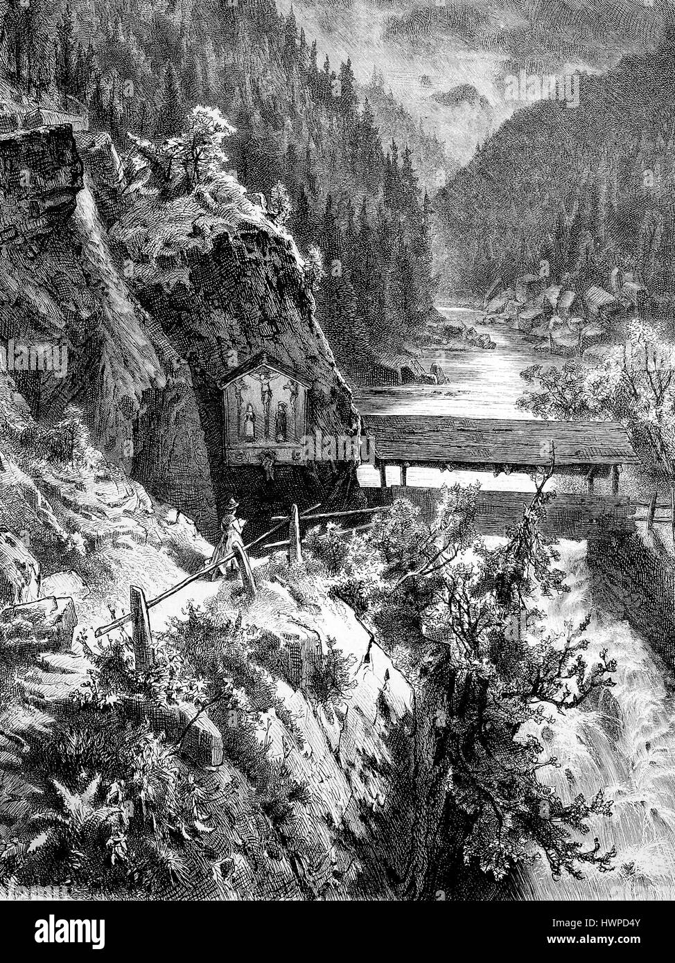 Gerlos Wildfluss, fließen im Zillertal, Österreich, Reproduktion einer original Holzschnitt aus dem Jahr 1882, digital verbessert Stockfoto