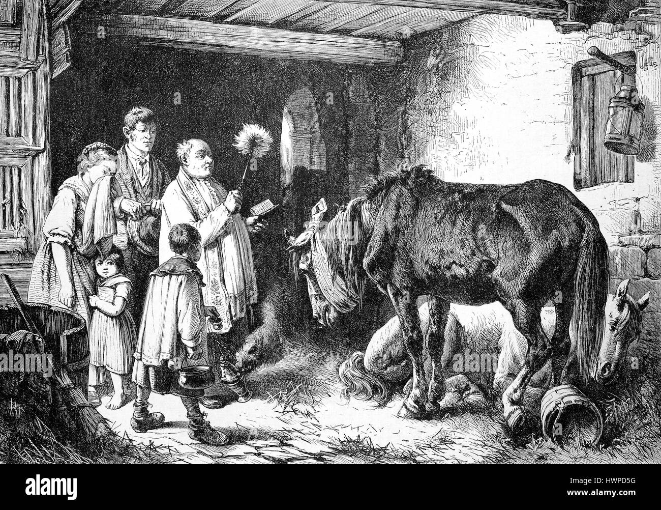 Exorzismus, verliebt in eine Hexe Tiere drinnen, werden gesegnet, Hexe Exorzismus, Reproduktion einer original Holzschnitt aus dem Jahr 1882, digital verbessert Stockfoto