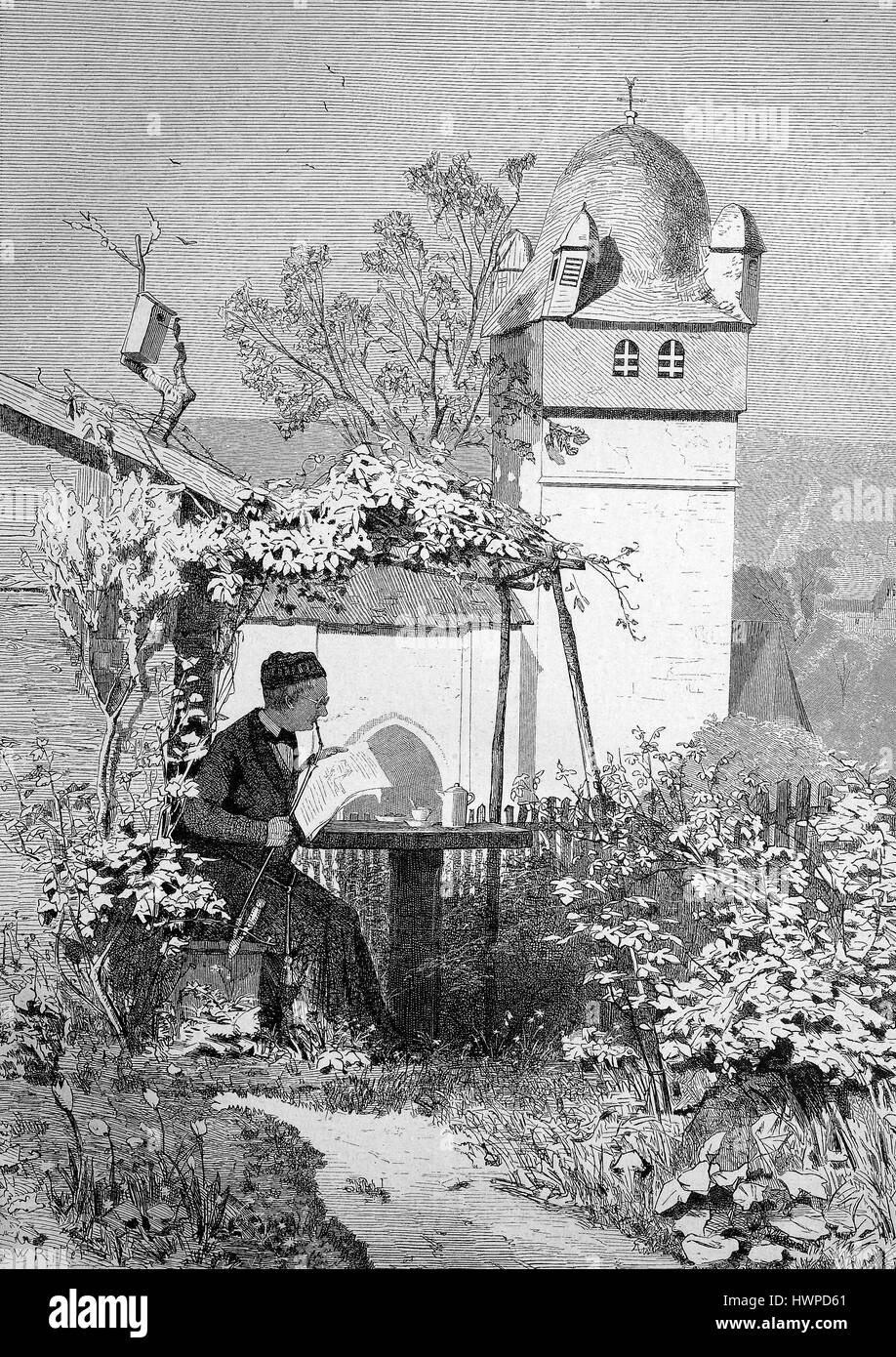 Frühling, ein Priester sitzt im Garten und die Arbeit an seiner Predigt, Reproduktion einer original Holzschnitt aus dem Jahr 1882, digital verbessert Stockfoto