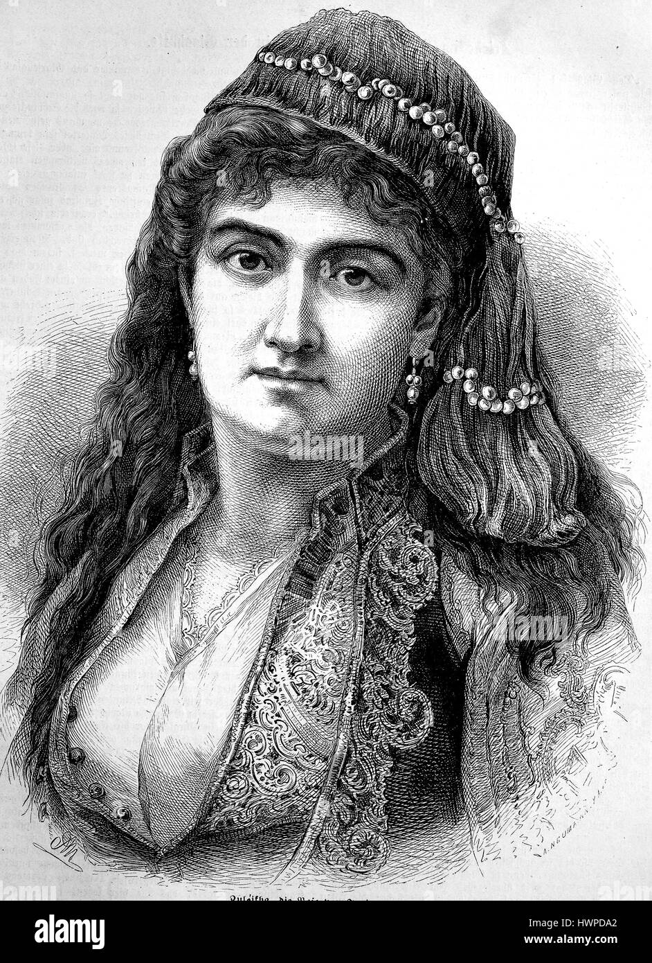 Zuleikha, die Rose von Janina, Porträt einer orientalischen Frau, vermutlich Griechenland, in Tracht, Reproduktion einer original Holzschnitt aus dem Jahr 1882, digital verbessert Stockfoto