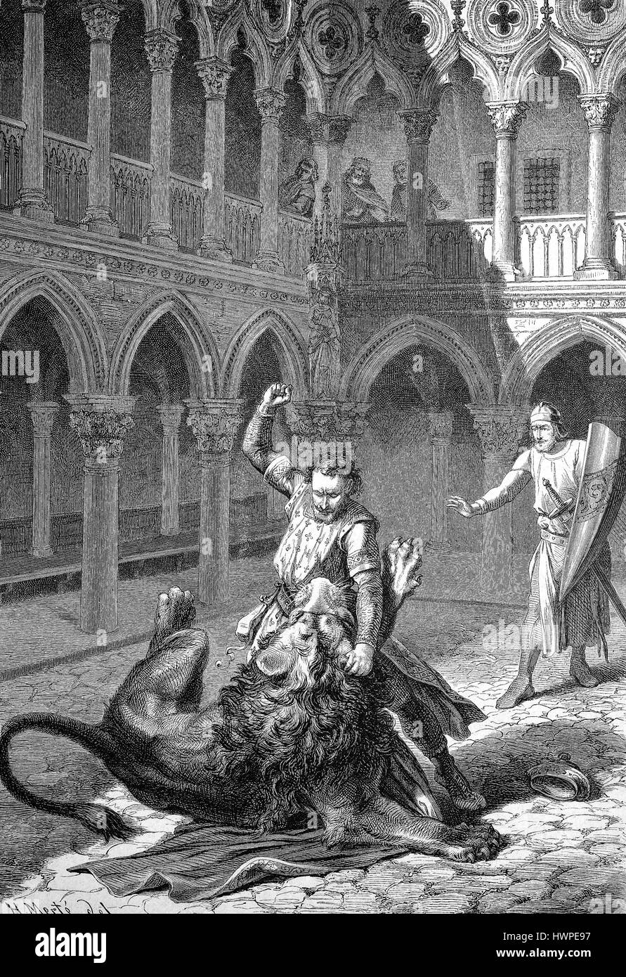 Markgraf Wiprecht Groitzscher, genannt der ältere, 1050-1124-Kämpfe in Rom gegen einen Löwen, Reproduktion einer original Holzschnitt aus dem Jahr 1882, digital verbessert Stockfoto