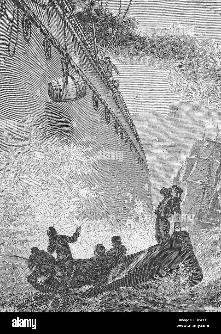 eine große Dampfschiff emittiert Bestimmungen Widrigkeiten Segelschiff mitten im Ozean, helfen mit Nahrung und Wasser, Reproduktion einer original Holzschnitt aus dem Jahr 1882, digital verbessert Stockfoto