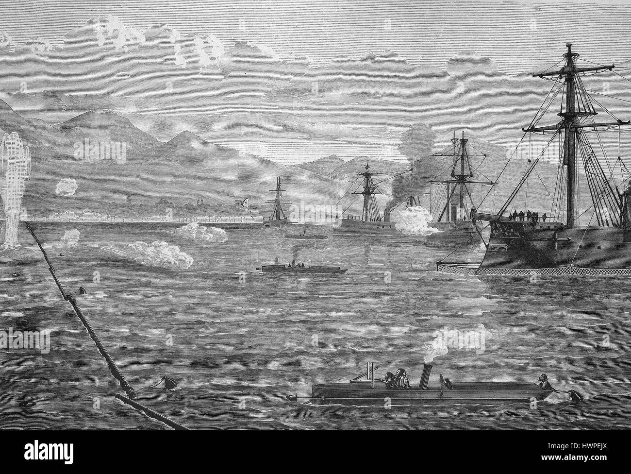 Manöver der türkischen Flotte gegen den Angriff mit Torpedos, Reproduktion einer original Holzschnitt aus dem Jahr 1882, digital verbessert Stockfoto