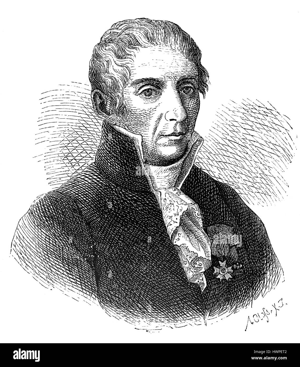 Alessandro Volta (1745-1827). Italienischer Physiker, Chemiker und Pionier der Elektrizität. Kupferstich, 1883. Stockfoto