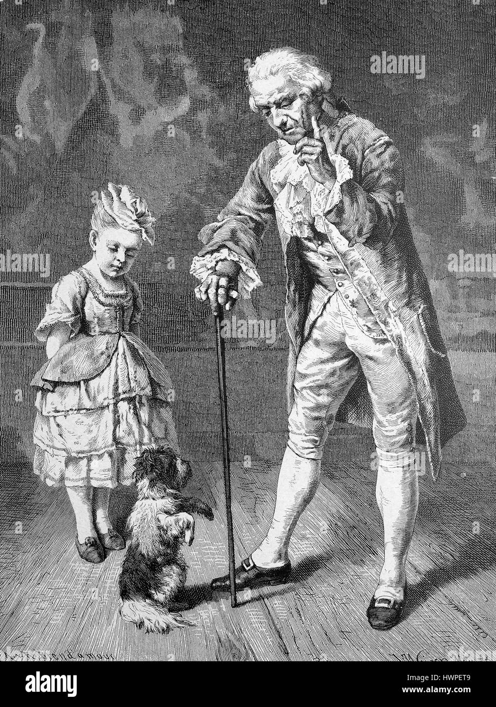 Der gutmütige Hund macht Männchen auf Kommando, Reproduktion einer original Holzschnitt aus dem Jahr 1882, digital verbessert Stockfoto