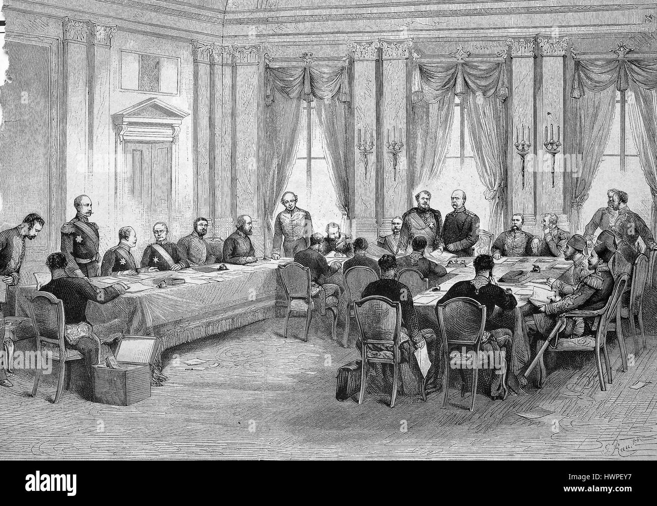 Eine Sitzung des Berliner Kongresses auf der rechten Seite der orientalischen Frage, Berlin, Deutschland, Reproduktion einer original Holzschnitt aus dem Jahr 1882, digital verbessert Stockfoto