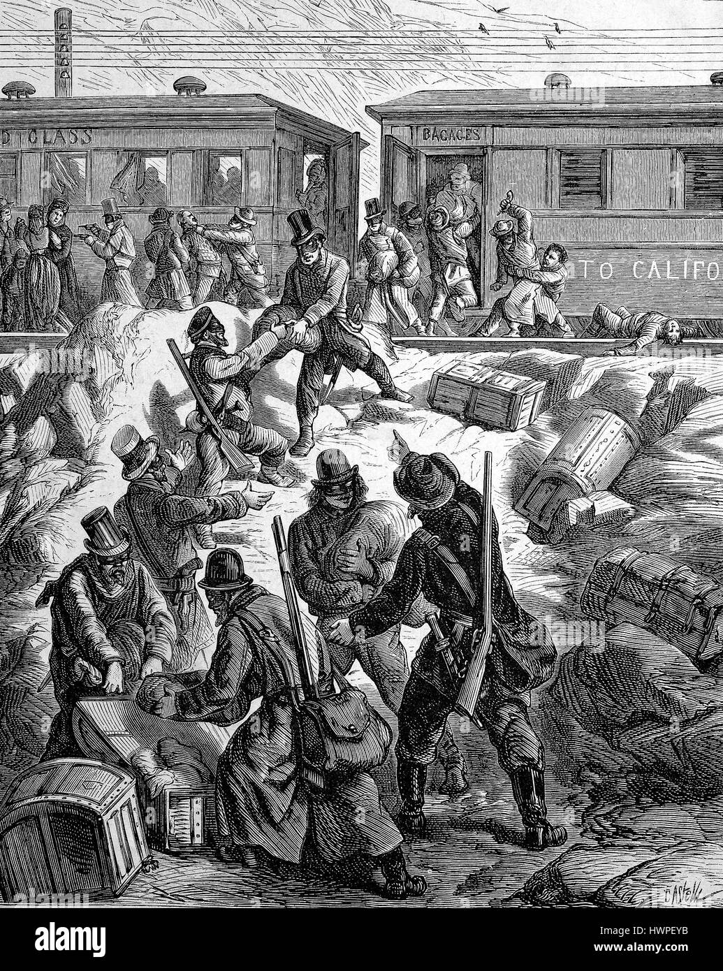 Ein Zug wird von maskierten Räuber, Kalifornien, USA, Reproduktion einer original Holzschnitt aus dem Jahr 1882, digital verbessert überfallen. Stockfoto