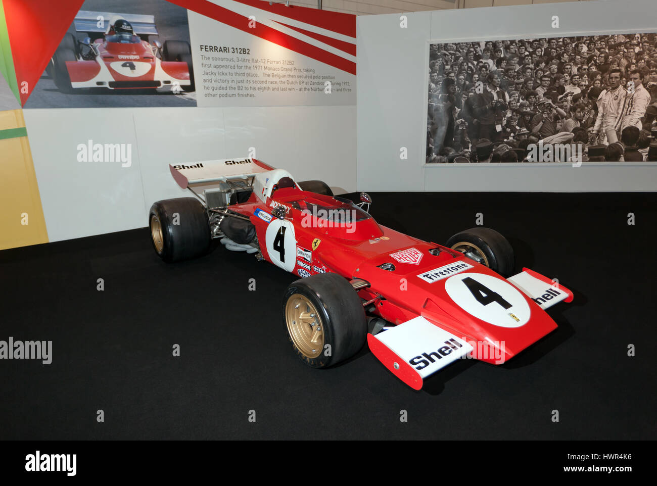 Die Ferrari-312B2 angetrieben von Jacky Ickx, auf dem Display in der Jacky Ickx Icon Sammlung, die 2017 London Classic Car Show Stockfoto