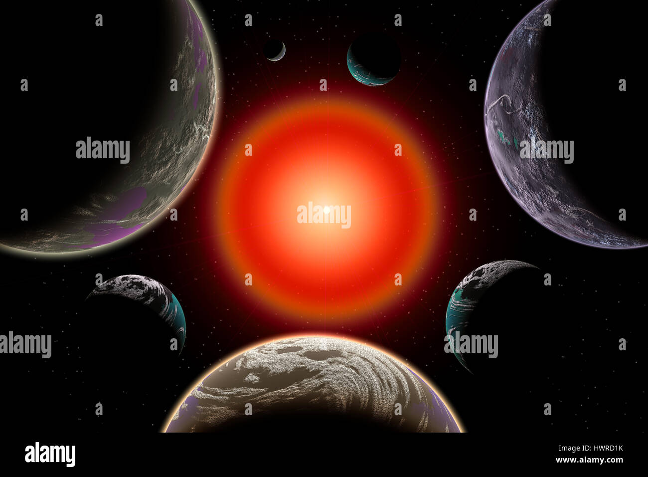 Das Trappistenbier Star-System, bestehend aus 7 Planeten. Stockfoto