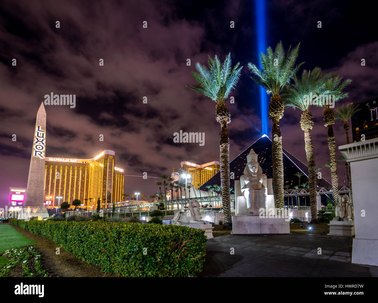 Luxor Hotel und Sky Beam in der Nacht - Las Vegas, Nevada, USA Stockfoto
