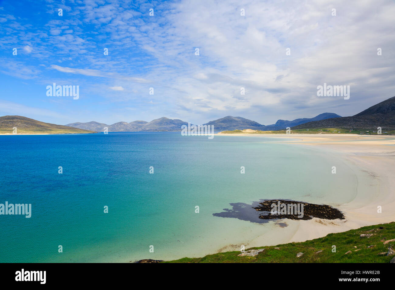 Blick über Sound z. und Traigh Sheileboist Strand nach Norden Harris Gebirge. Seilebost Insel Harris äußeren Hebriden Western Isles Schottland Stockfoto
