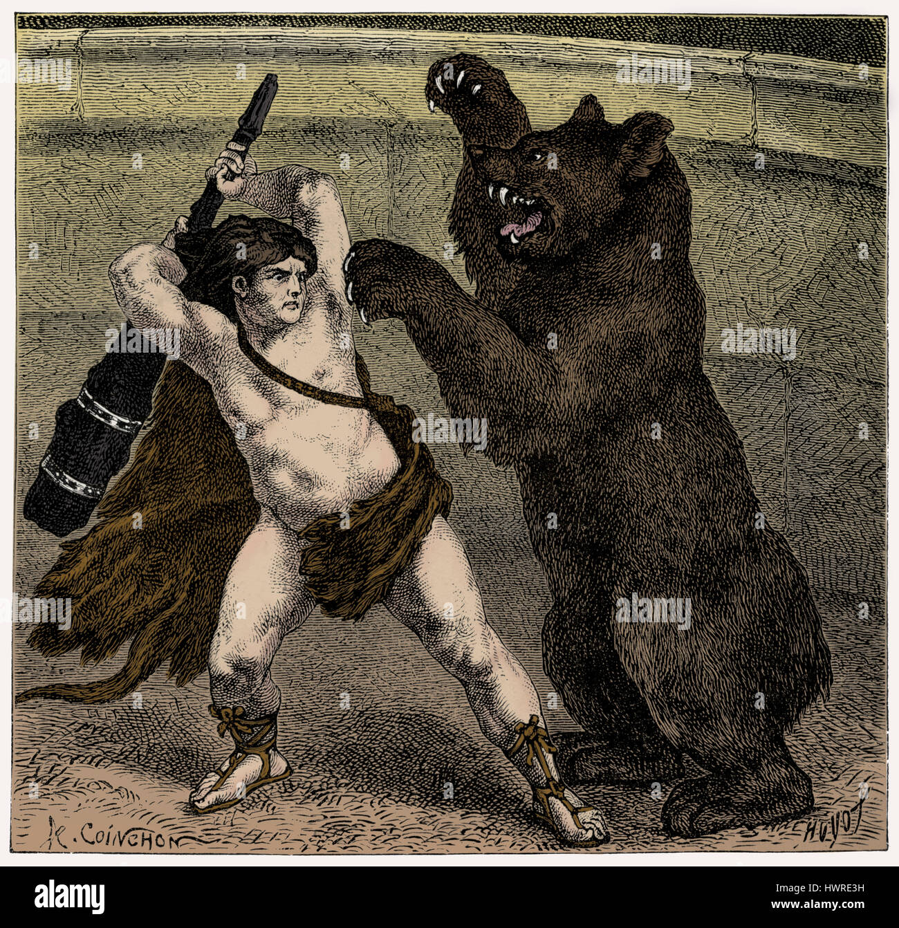 Römischen Circus. Empero Lucius Aurelius Commodus in seinem Personna als Herkules kämpft Bea mit einem schweren Weaponr. Stockfoto