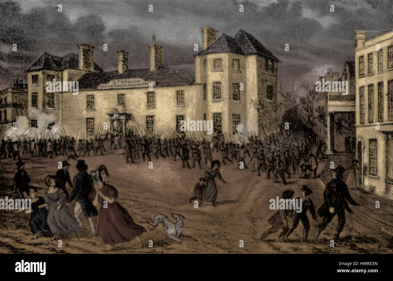 Newport steigt, 4. November 1839.  Chartisten und Sympathisanten marschierten von Newport, (Monmouthshire, Wales), Fellow Chartisten zu befreien, die im Westgate Hotel gefangen genommen worden war. Aufruhr unter der Leitung von John Frost, 25. Mai 1784 — 27. Juli 1877. Chartism: Bewegung des politischen und sozialen Reformen im Königreich während der Mitte des 19. Jahrhunderts, die darauf abzielte, Wahlrecht zu verlängern und das politische System zu demokratisieren. Stockfoto