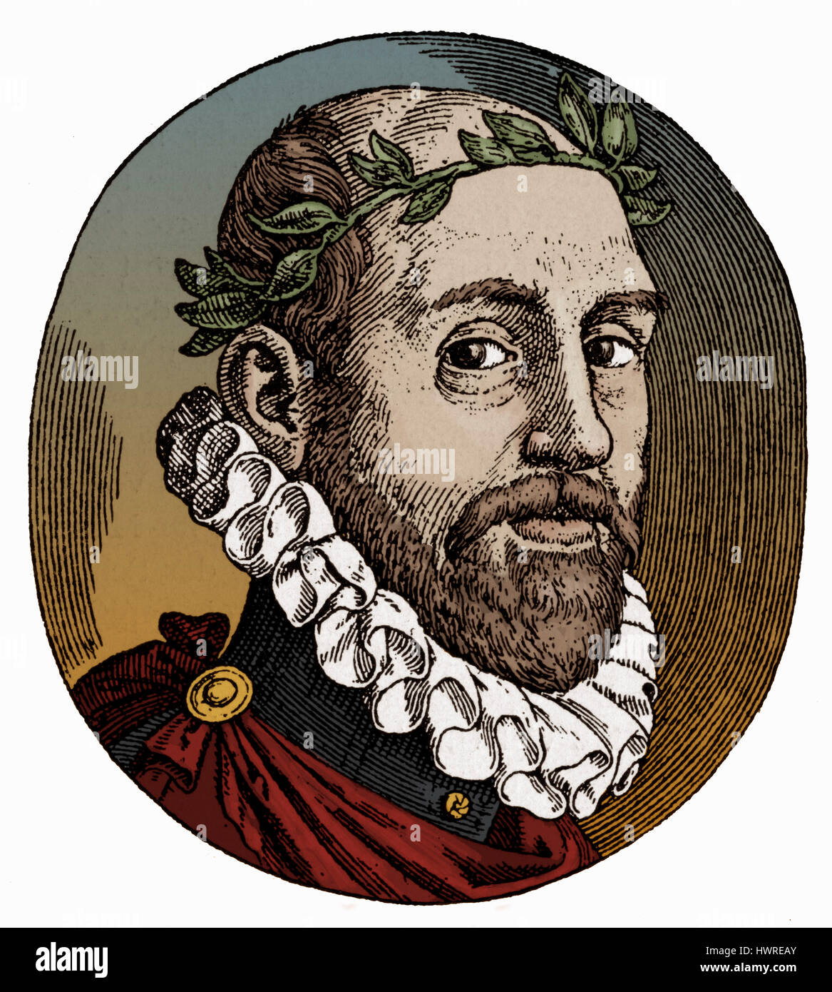 Torquato Tasso - Porträt des italienischen Dichters veröffentlicht in Rom, 1593-Ausgabe seines Gedichtes "La Gerusalemme Liberata" (Jerusalem geliefert). 11 März 1544-25 April 1595 Stockfoto