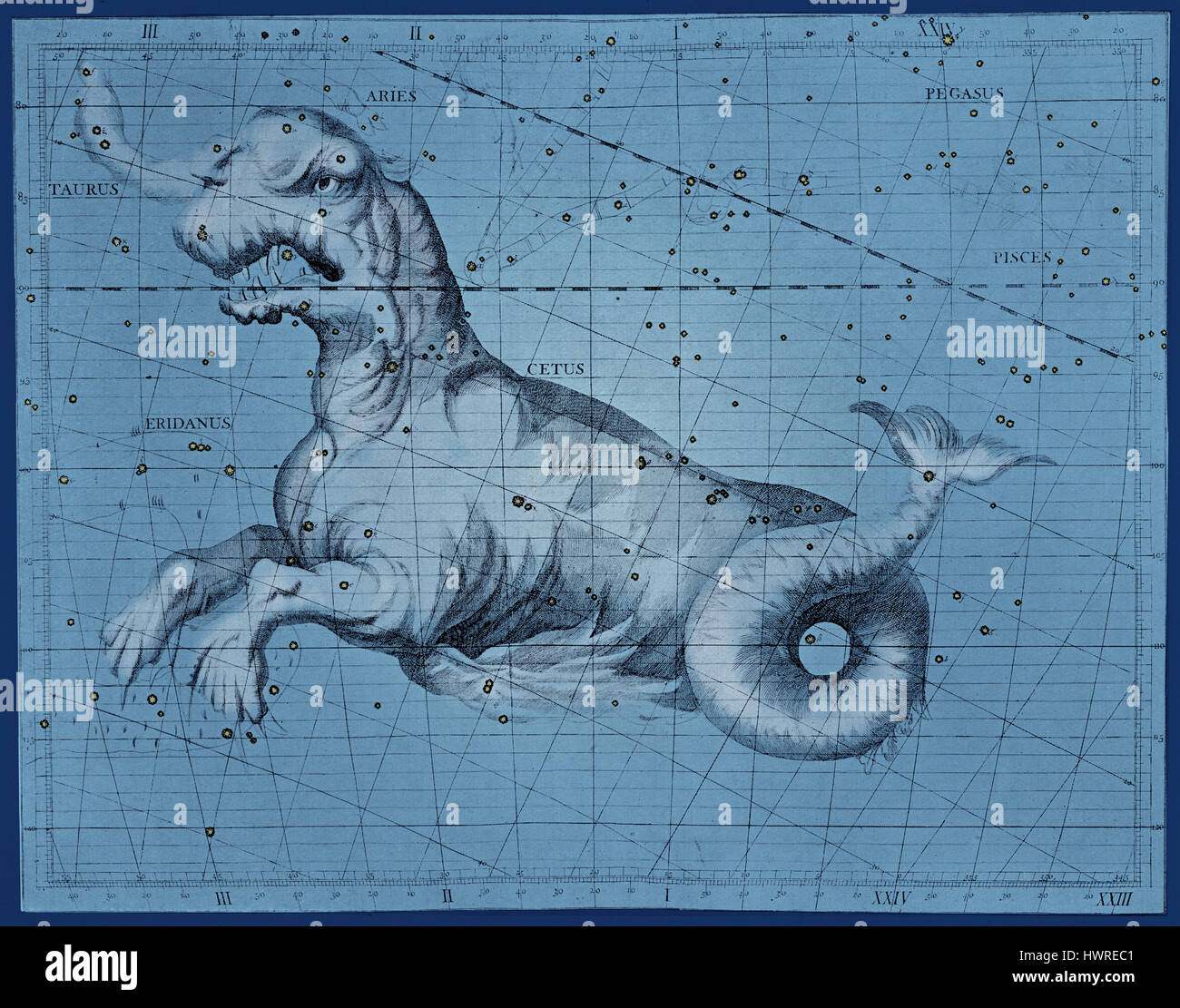 Sternbild Cetus, der Wal. Das Seeungeheuer, das Andromedia bedroht.  (Von Atlas Coelestis ist ein Sternatlas postum im Jahre 1729, basierend auf Beobachtungen des ersten Astronomer Royal, John Flamsteed) Stockfoto