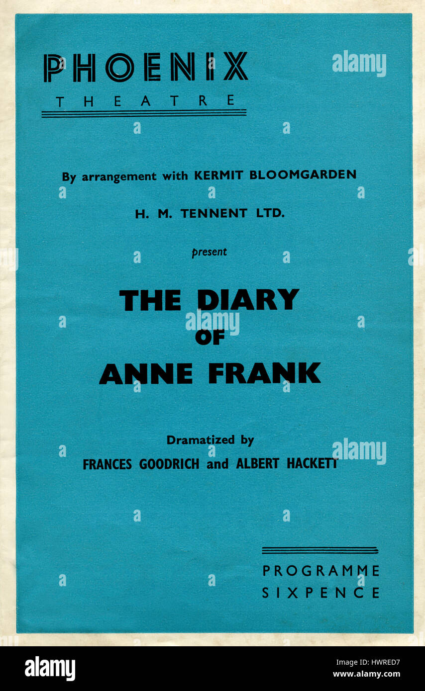 Das Tagebuch der Anne Frank Programm Abdeckung. Dramatisiert von Frances Goodrich und Albert Hackett. Präsentiert von H M Tennent Ltd. Phoenix Theatre, London 29. November 1956. Perlita Neilson in der Titelrolle. Miriam Karlin als Frau Van Daan. Stockfoto