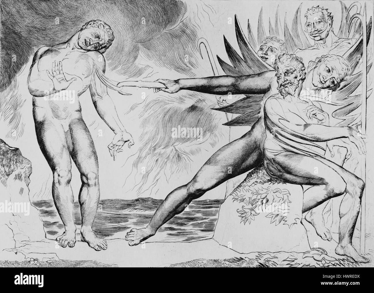 Die Dämonen quälen Ceampolo von William Blake, von den Abbildungen zu Dante; Inferno, Canto XXII, 1824. Ceampolo, auch Ciampolo oder John Paul genannt. Englisch Dichter, Maler und Grafiker: 28. November 1757 — 12. August 1827. Stockfoto