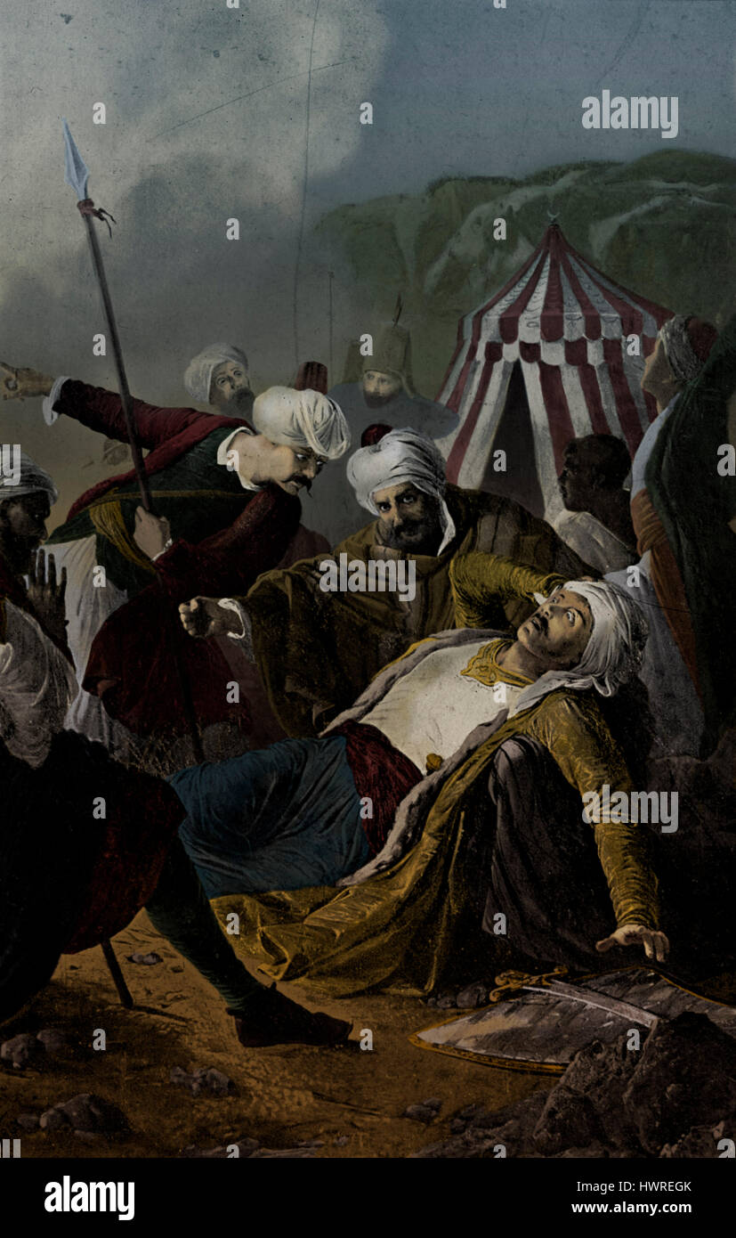 Tod von Dragut im Seige von Malta nach Gemälde von Giuseppe Cali 1867. Türkischer Name wurde Turgut Reis (1485 – 23. Juni 1565)-osmanischen Admiral und Freibeuter, die auch als Bey von Algier, Beylerbey von der Mediterranea und erste Bey, später Pascha von Tripolis diente. Stockfoto