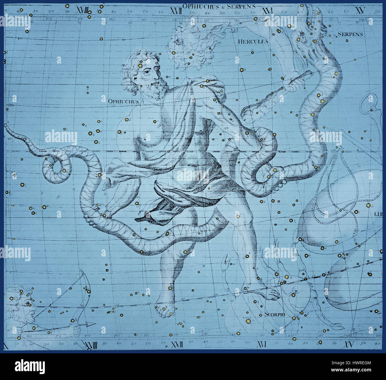 Sternbild Schlangenträger (Schlange-Träger) und die Schlange.  (Von Atlas Coelestis ist ein Sternatlas postum im Jahre 1729, basierend auf Beobachtungen des ersten Astronomer Royal, John Flamsteed) Stockfoto