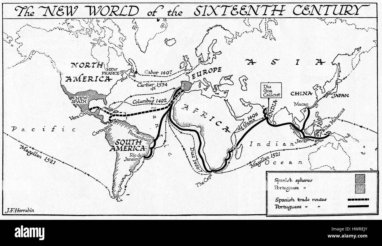 Die neue Welt des 16. Jahrhunderts, Karte mit spanischen und portugiesischen Kolonien und Handelswege Stockfoto