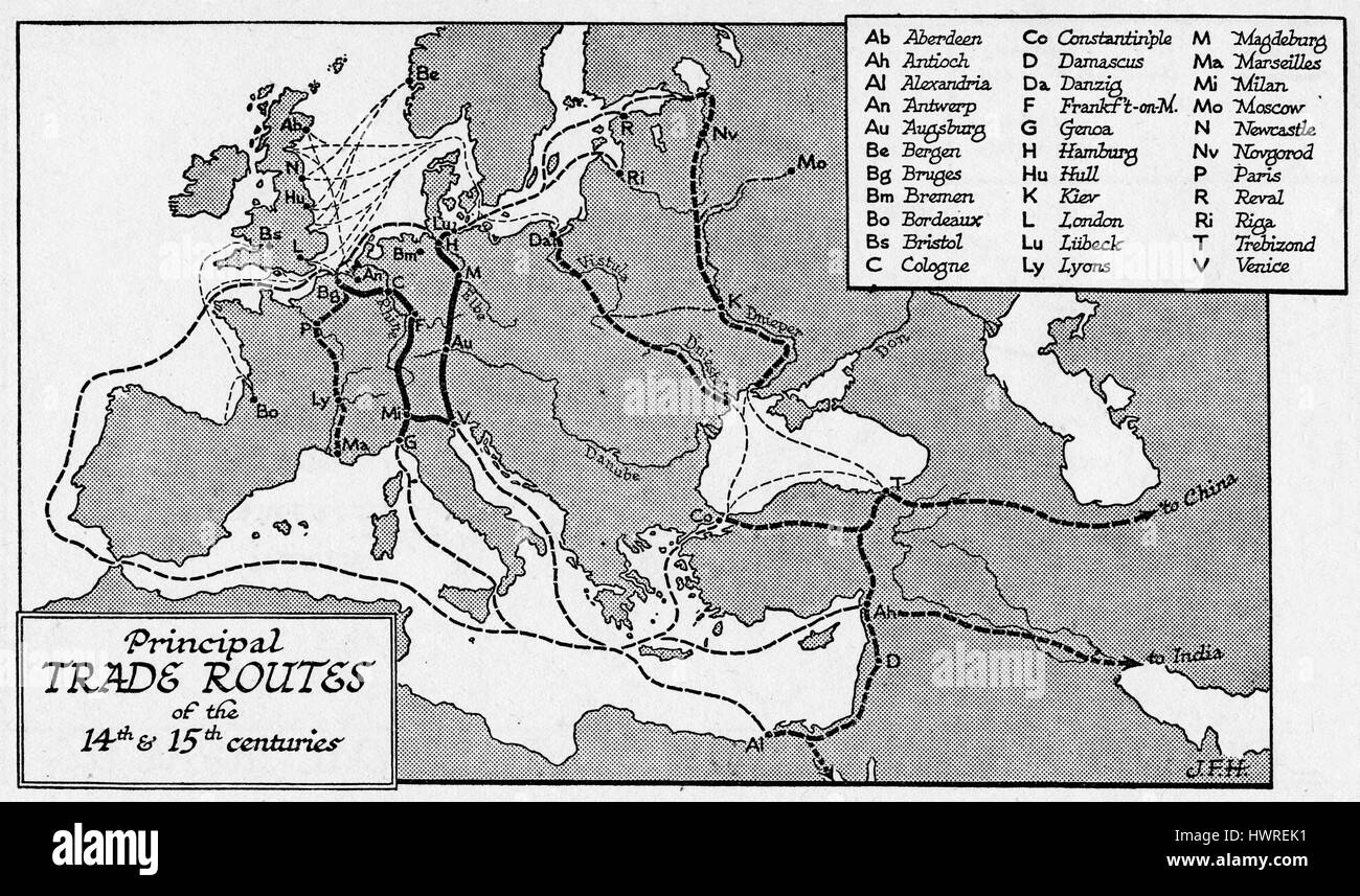 Diese Karte zeigt die wichtigsten Handelswege Europas im 14. und 15. Jahrhundert Stockfoto