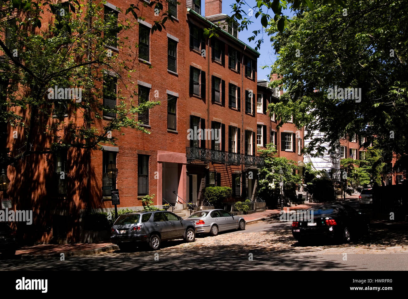 Straßenbild und Stadthäuser auf Beacon Hill, Boston, Massachusetts Stockfoto