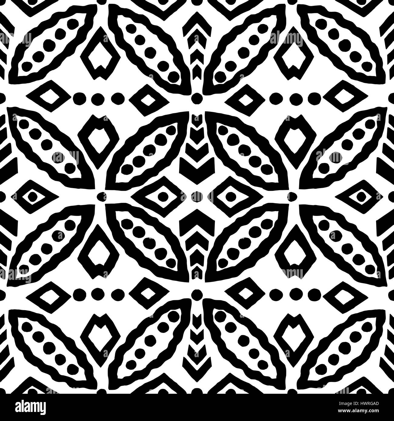 Traditionelle Block gedruckt geometrische Ornament, handgemachte russischen Motiv mit kreisförmigen und rautenförmigen Formen. Schwarz auf weißem Hintergrund. Textildruck. Stock Vektor