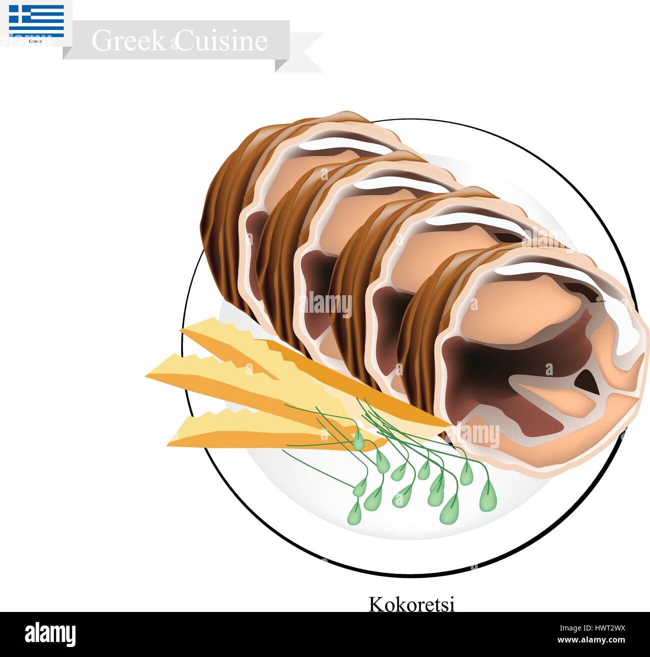 Griechische Küche, Illustration von traditionellen gegrillte Kokoretsi oder Rollen von erfahrenen Lamm oder Ziege Innereien auf Holzfeuer geröstet. Eines der beliebtesten Dis Stock Vektor