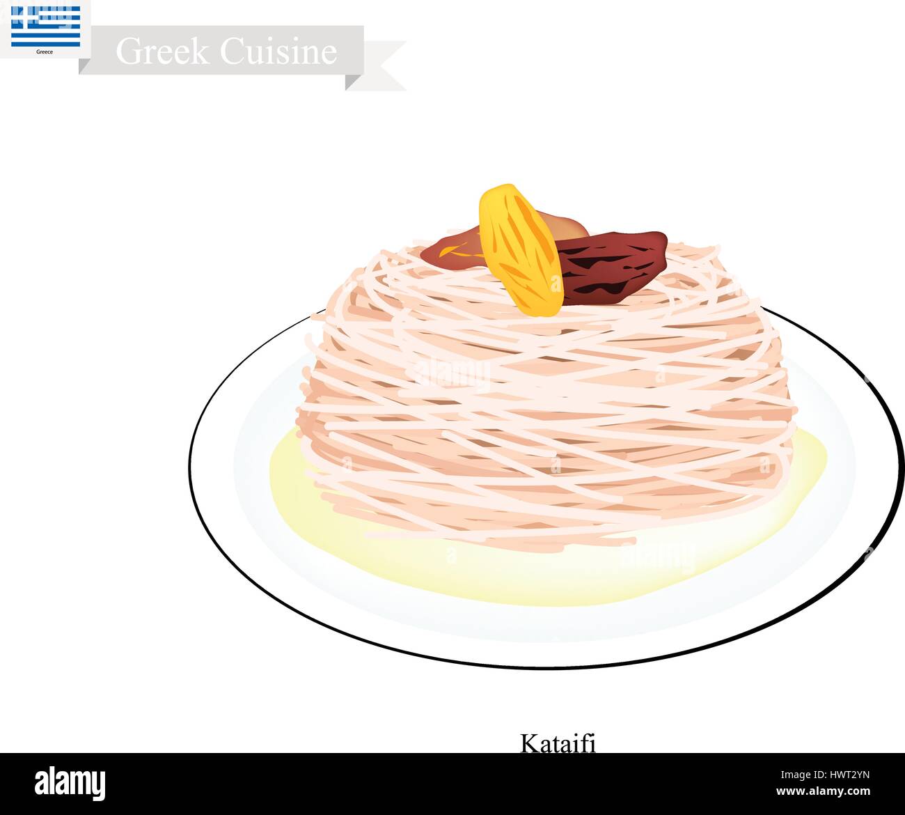 Griechische Küche, Bulbul Nest Kataifi oder traditionellen levantinischen Käse Blätterteig mit Pistazien und Sirup. Eines der beliebtesten Desserts in Griechenland. Stock Vektor