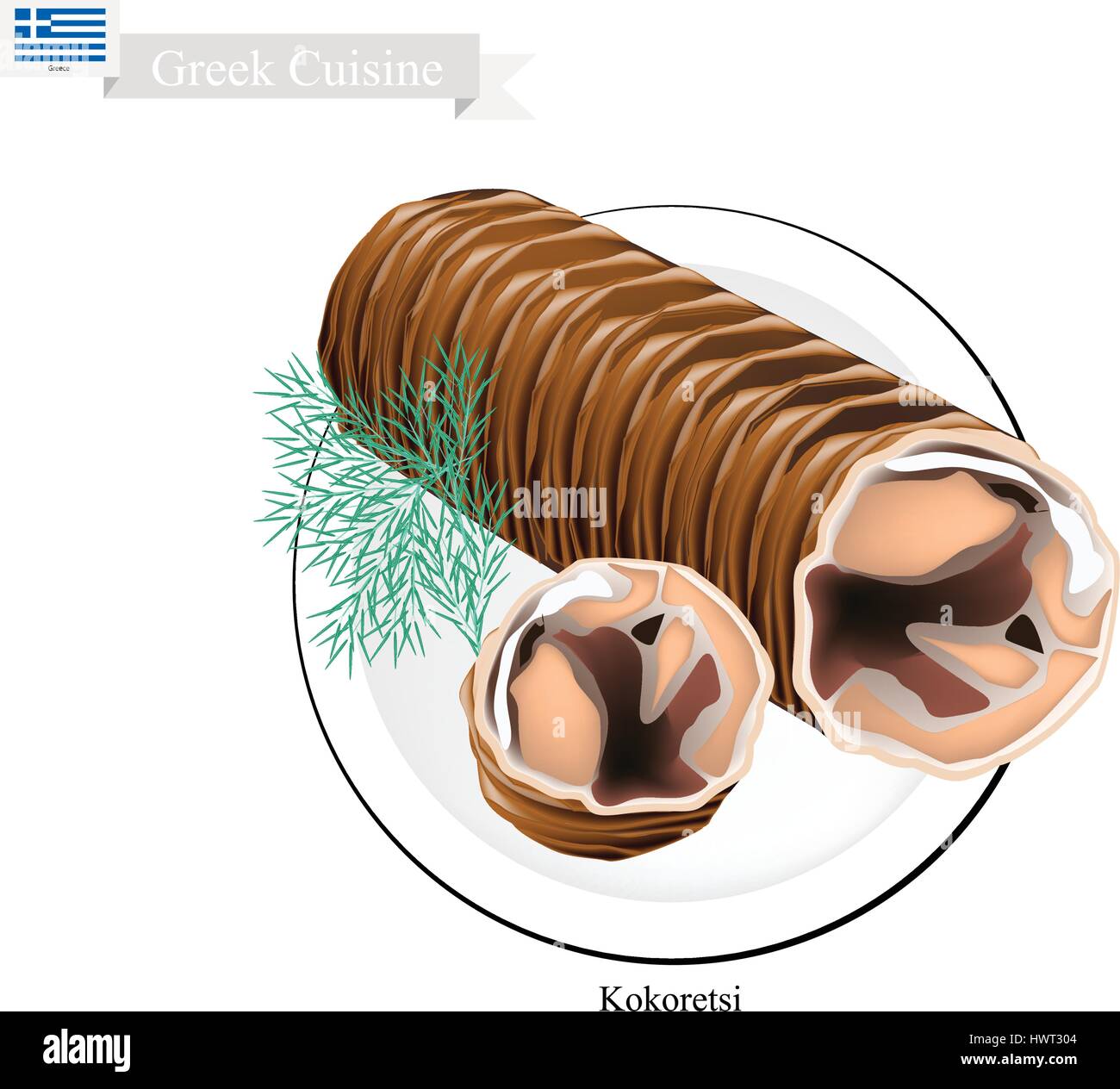 Griechische Küche, Illustration von traditionellen gegrillte Kokoretsi oder Rollen von erfahrenen Lamm oder Ziege Innereien auf Holzfeuer geröstet. Eines der beliebtesten Dis Stock Vektor