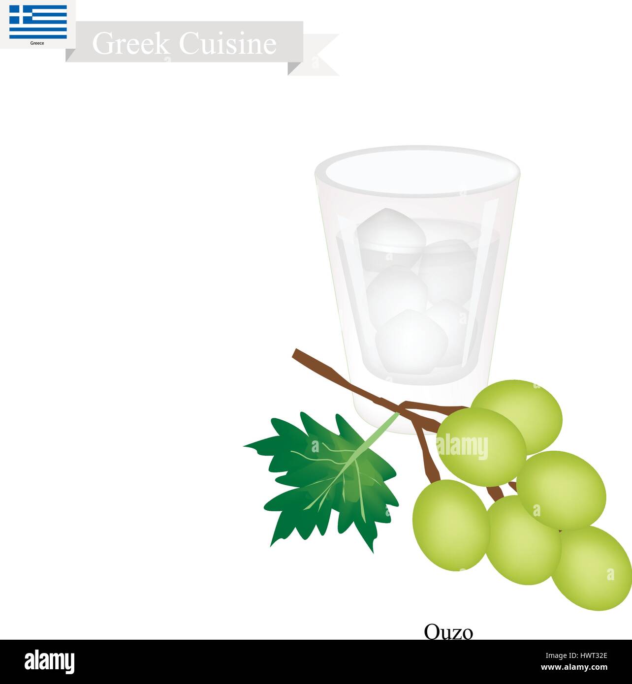 Griechische Küche, Ouzo oder traditionelle griechische Aperitif aus gepressten Trauben, Anis, Süßholz, Minze, Wintergreen, Fenchel, Haselnuss und Beeren hergestellt. Einer der Stock Vektor