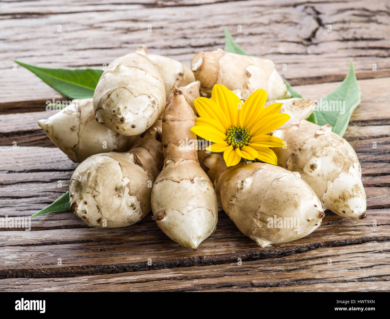 Topinambur auf Holztisch. Stockfoto
