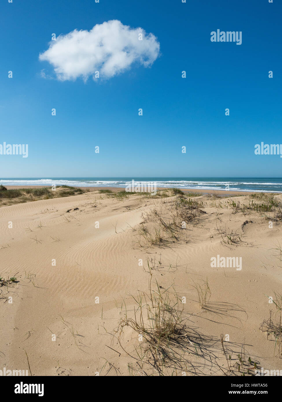 Blauer Himmel, Wolke und Sanddüne. Stockfoto