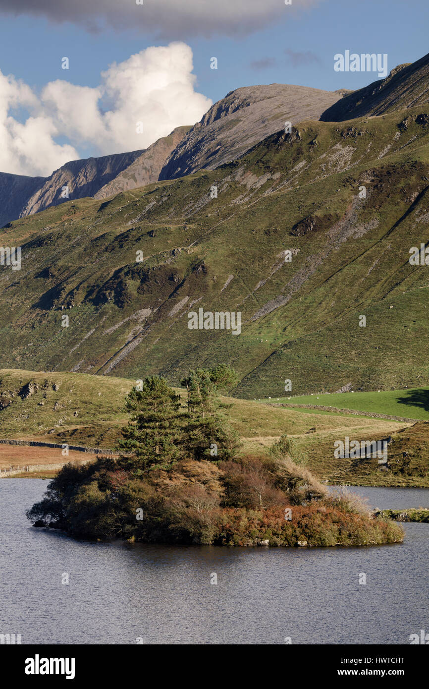 Eine Insel im großen See an Cregennan Seen bei Cadair Idris nahe Ortszentrum in Snowdonia in Nord-Wales Stockfoto