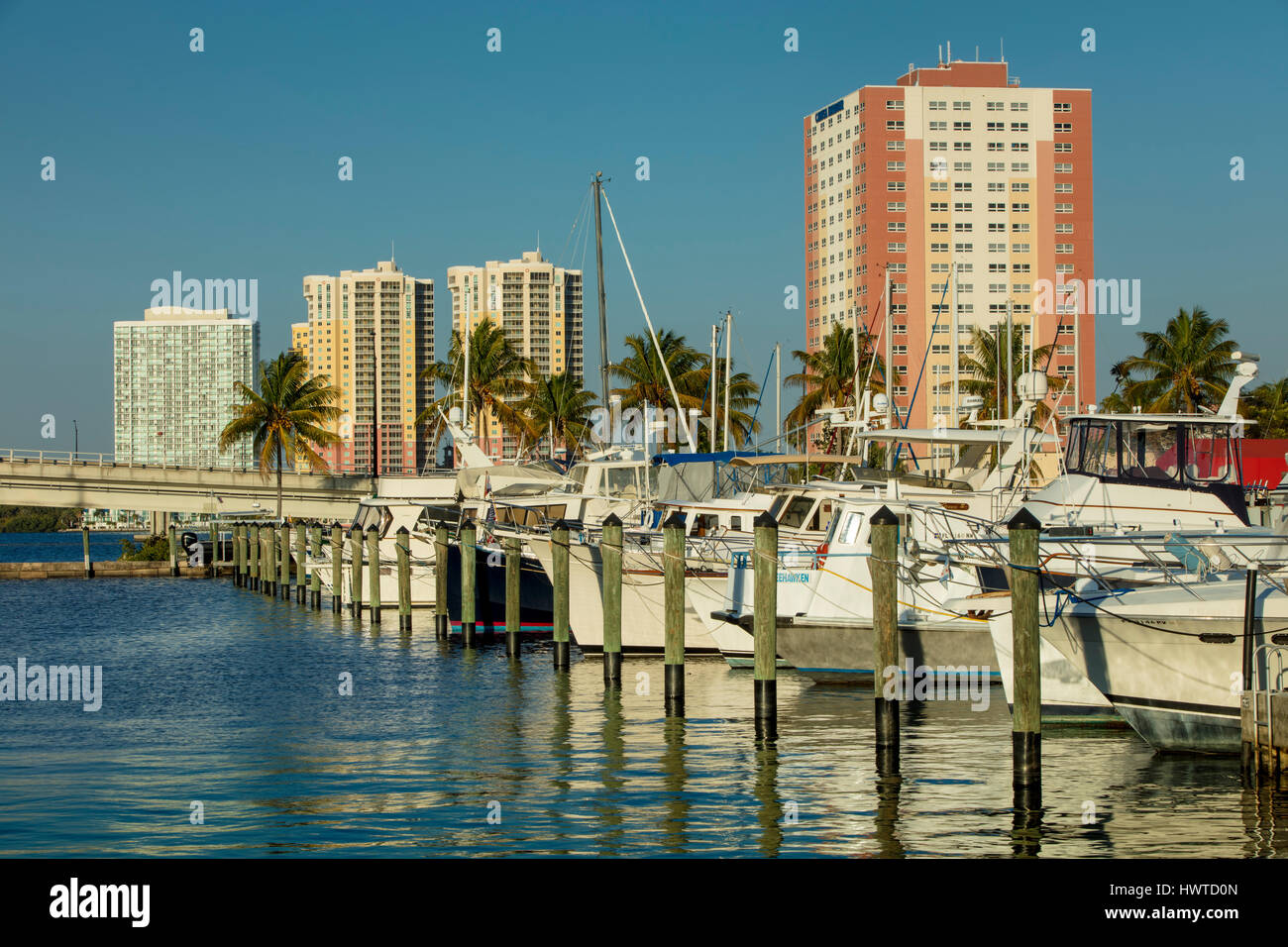 Boote vor Anker in Fort Myers Yacht Basin mit Eigentumswohnung Türme über Fort Myers, Florida, USA Stockfoto