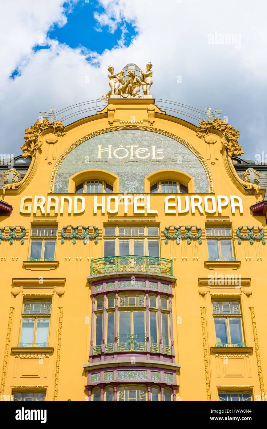 Prager Jugendstil, Detail von der Vorderseite des Art Nouveau Stil Grand Hotel Europa am Wenzelsplatz im Zentrum von Prag, Tschechische Republik. Stockfoto
