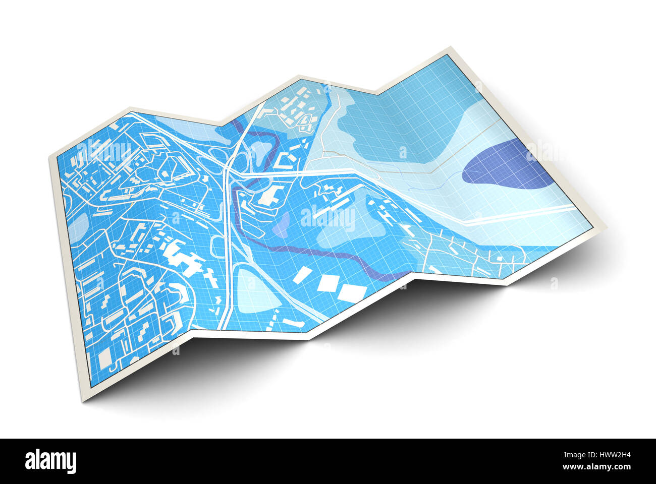 3D Abbildung des gefalteten Karte, blaue Stadtfarben Stockfoto