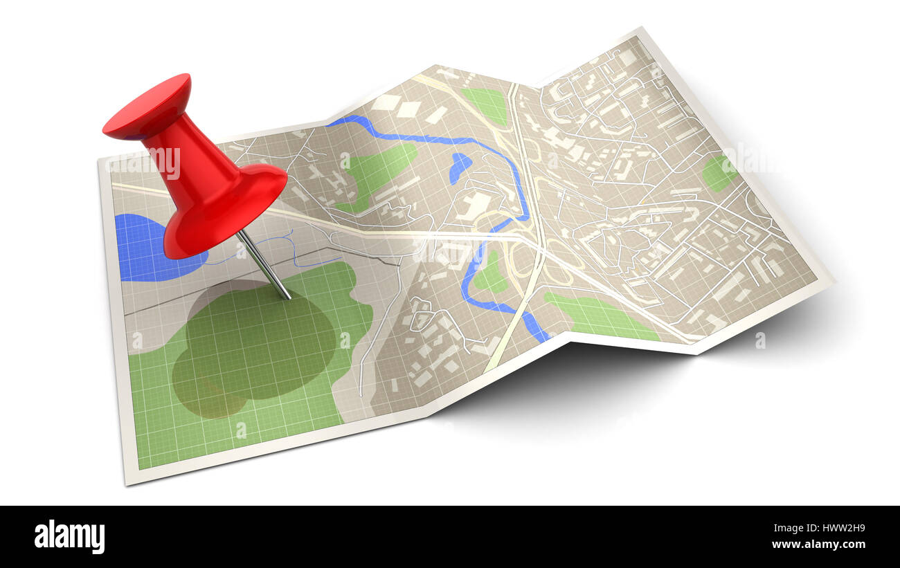 3D Darstellung der Karte mit einem roten Stift auf weißem Hintergrund Stockfoto