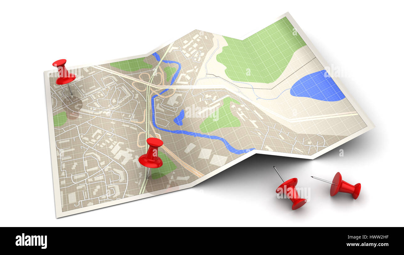 3D Abbildung des gefalteten Karte und Pins, Punkte von Interesse-Konzept Stockfoto